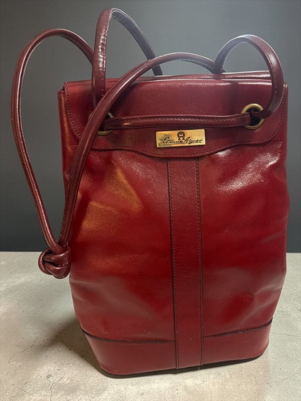 VTG Etienne Aigner Drawstring Bucket Antic Red Leather Shoulder Bag 80s Germany - Picture 1 of 9